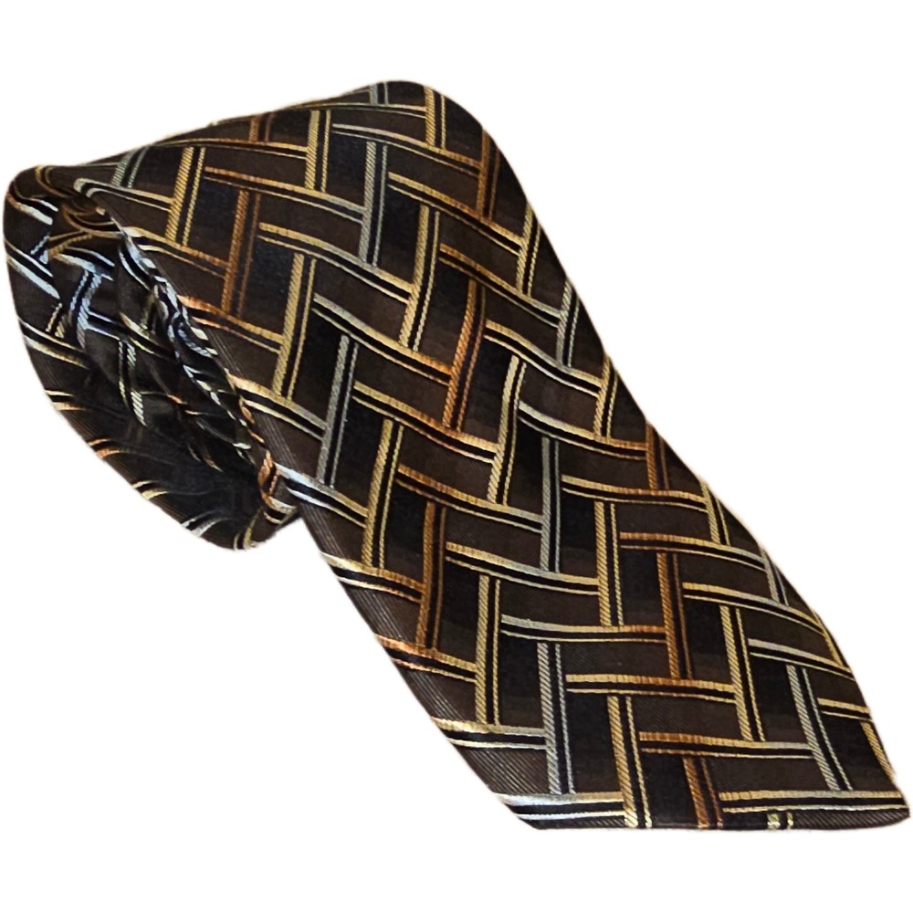 Roberto Villini Couture Silk Tie Brown Gold Geometric Basketweave Hand Made Mens